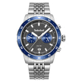Ανδρικό ρολόι Timberland Parkman TDWGK0094303 με ασημί ατσάλινο μπρασελέ, ανθρακί καντράν 44 mm με μπλε λεπτομέρειες, ένδειξη ημερομηνίας, διπλής ώρας και στεγανότητα 5ATM. 