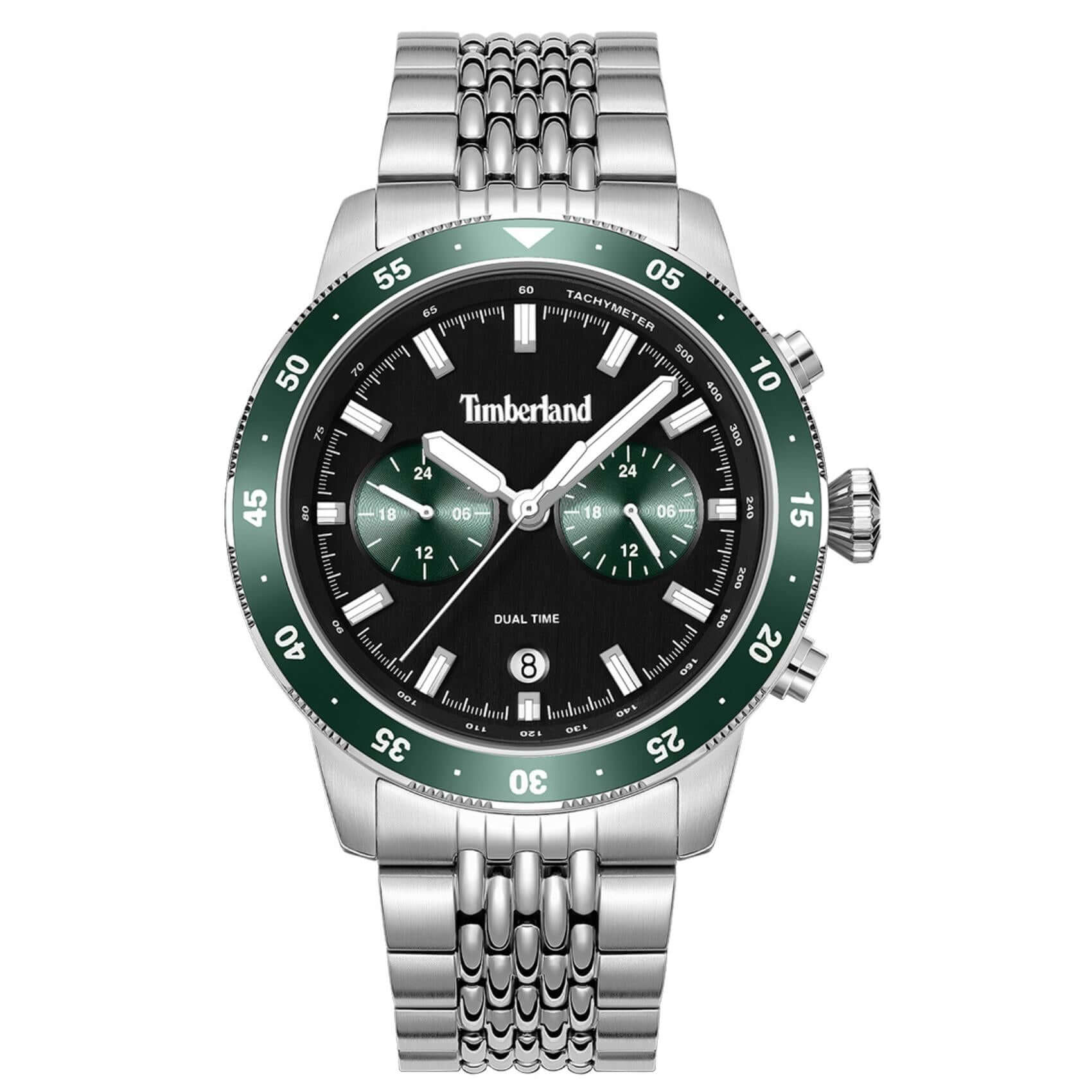 Ανδρικό ρολόι Timberland Parkman TDWGK0094304 με ασημί ατσάλινο μπρασελέ, πράσινο καντράν 44 mm, ένδειξη ημερομηνίας, διπλής ώρας και στεγανότητα 5ATM.