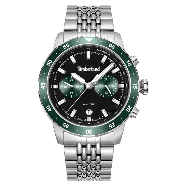 Ανδρικό ρολόι Timberland Parkman TDWGK0094304 με ασημί ατσάλινο μπρασελέ, πράσινο καντράν 44 mm, ένδειξη ημερομηνίας, διπλής ώρας και στεγανότητα 5ATM.