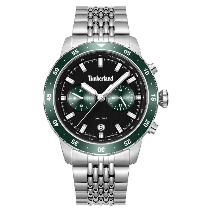 Ανδρικό ρολόι Timberland Parkman TDWGK0094304 με ασημί ατσάλινο μπρασελέ, πράσινο καντράν 44 mm, ένδειξη ημερομηνίας, διπλής ώρας και στεγανότητα 5ATM.