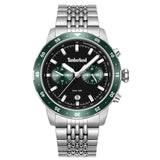 Ανδρικό ρολόι Timberland Parkman TDWGK0094304 με ασημί ατσάλινο μπρασελέ, πράσινο καντράν 44 mm, ένδειξη ημερομηνίας, διπλής ώρας και στεγανότητα 5ATM.