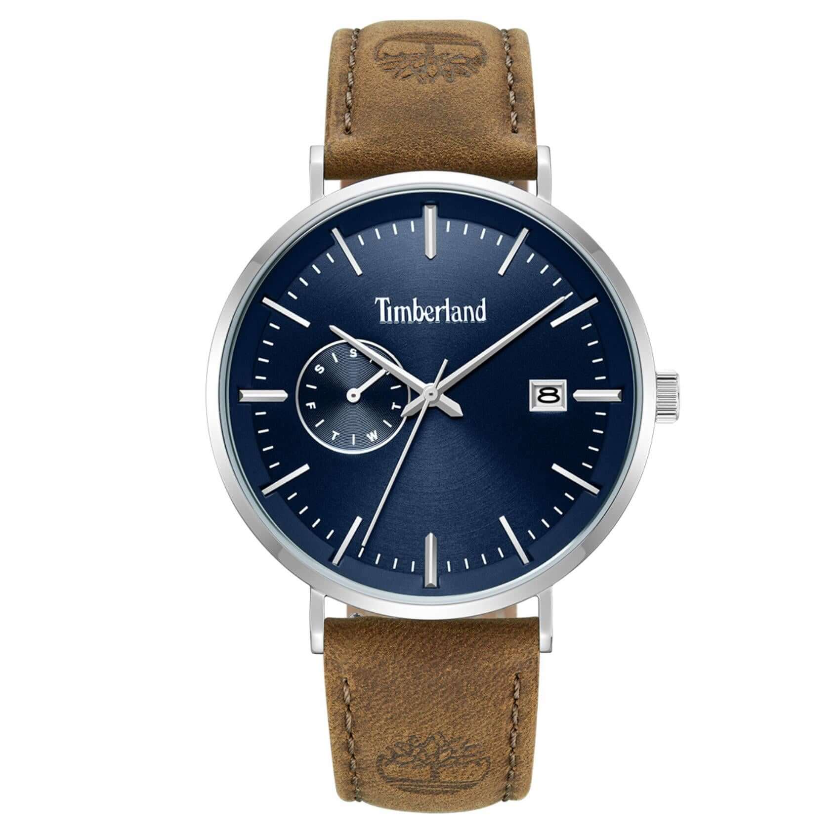 Ανδρικό ρολόι Timberland Rangeley TDWGF0094501 με καφέ δερμάτινο λουράκι, μπλε καντράν 42 mm, ένδειξη ημέρας και ημερομηνίας και στεγανότητα 5ATM.
