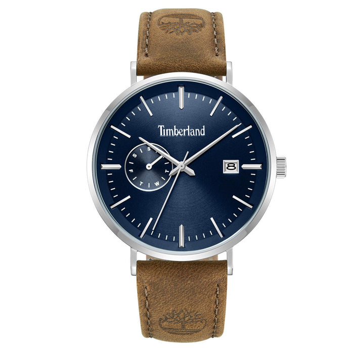 Ανδρικό ρολόι Timberland Rangeley TDWGF0094501 με καφέ δερμάτινο λουράκι, μπλε καντράν 42 mm, ένδειξη ημέρας και ημερομηνίας και στεγανότητα 5ATM.