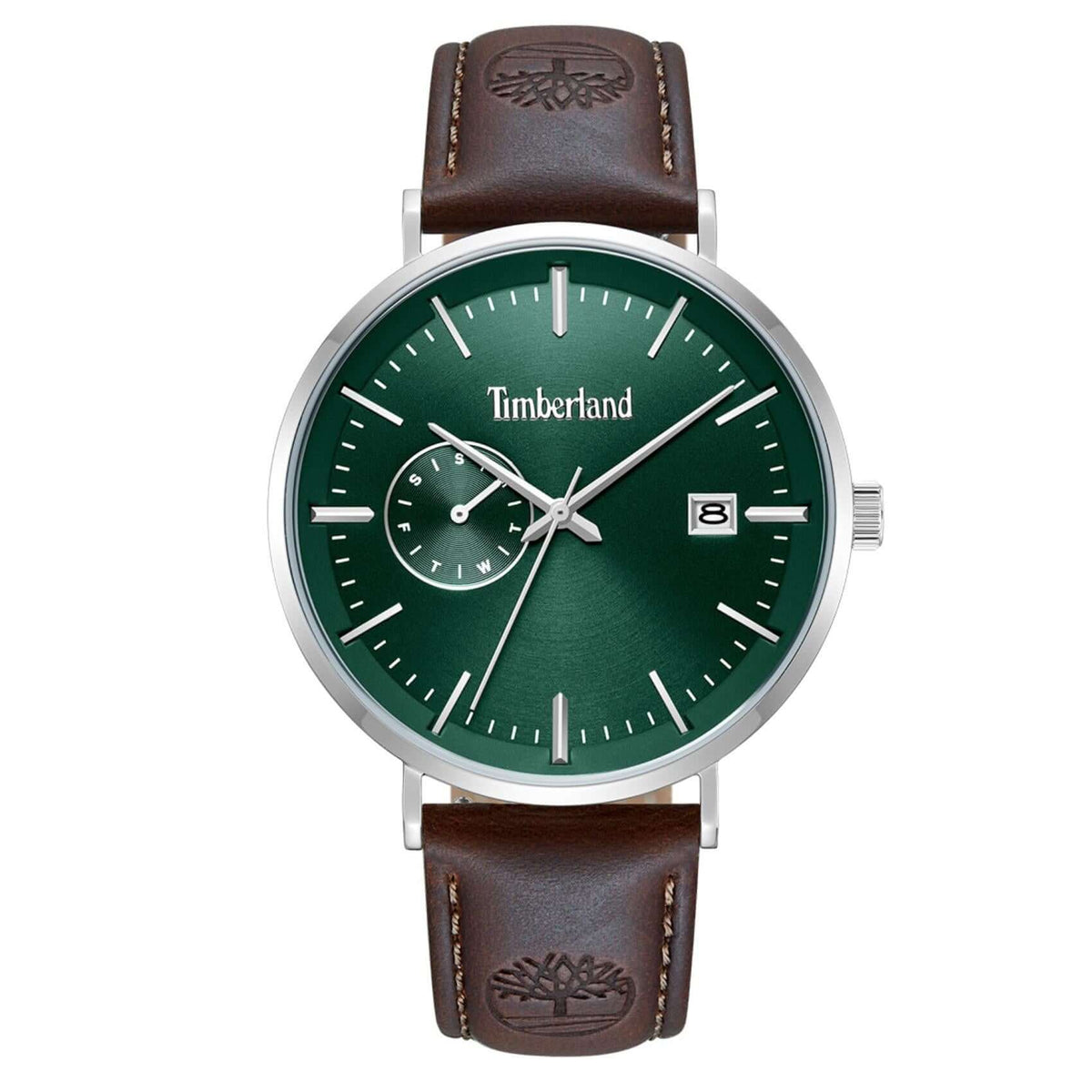 Ανδρικό ρολόι Timberland Rangeley TDWGF0094502 με καφέ δερμάτινο λουράκι, πράσινο καντράν 42 mm, ένδειξη ημέρας και ημερομηνίας και στεγανότητα 5ATM.