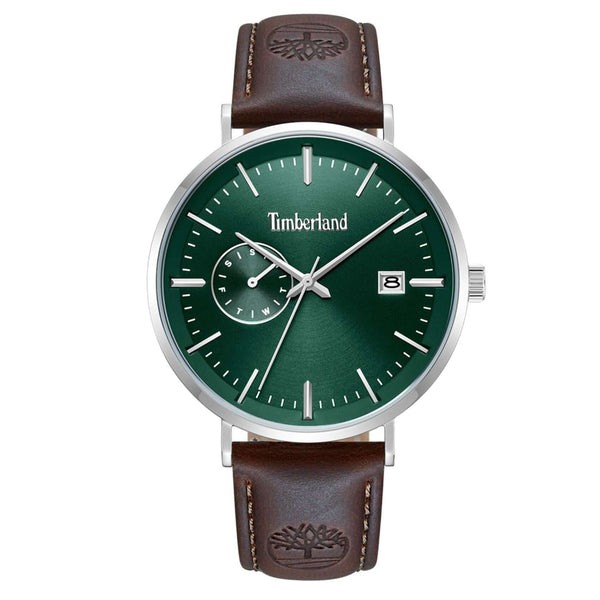 Ανδρικό ρολόι Timberland Rangeley TDWGF0094502 με καφέ δερμάτινο λουράκι, πράσινο καντράν 42 mm, ένδειξη ημέρας και ημερομηνίας και στεγανότητα 5ATM.