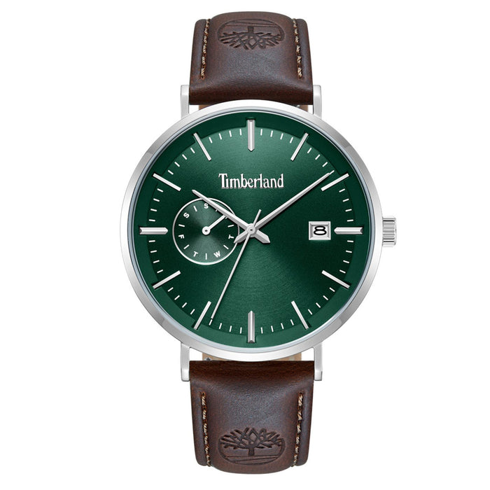 Ανδρικό ρολόι Timberland Rangeley TDWGF0094502 με καφέ δερμάτινο λουράκι, πράσινο καντράν 42 mm, ένδειξη ημέρας και ημερομηνίας και στεγανότητα 5ATM.