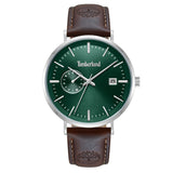 Ανδρικό ρολόι Timberland Rangeley TDWGF0094502 με καφέ δερμάτινο λουράκι, πράσινο καντράν 42 mm, ένδειξη ημέρας και ημερομηνίας και στεγανότητα 5ATM.