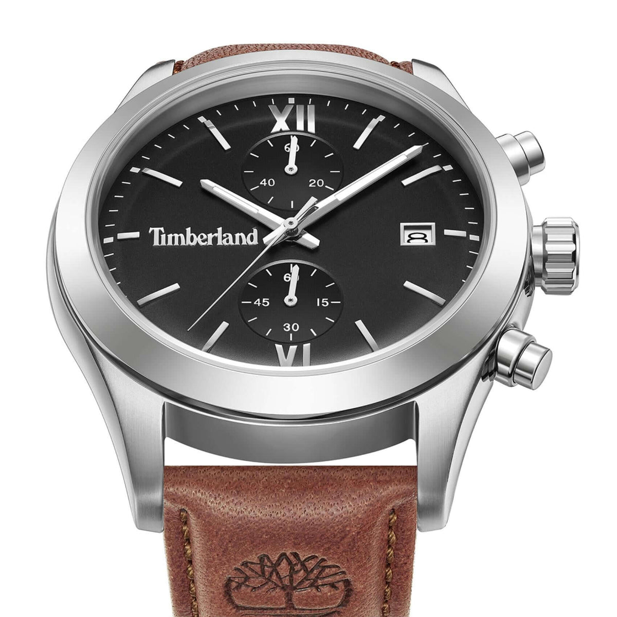 Κοντινή λήψη του μαύρου καντράν του Timberland Ripgorge TDWGC0075201 με χρονογράφο και ημερομηνία.