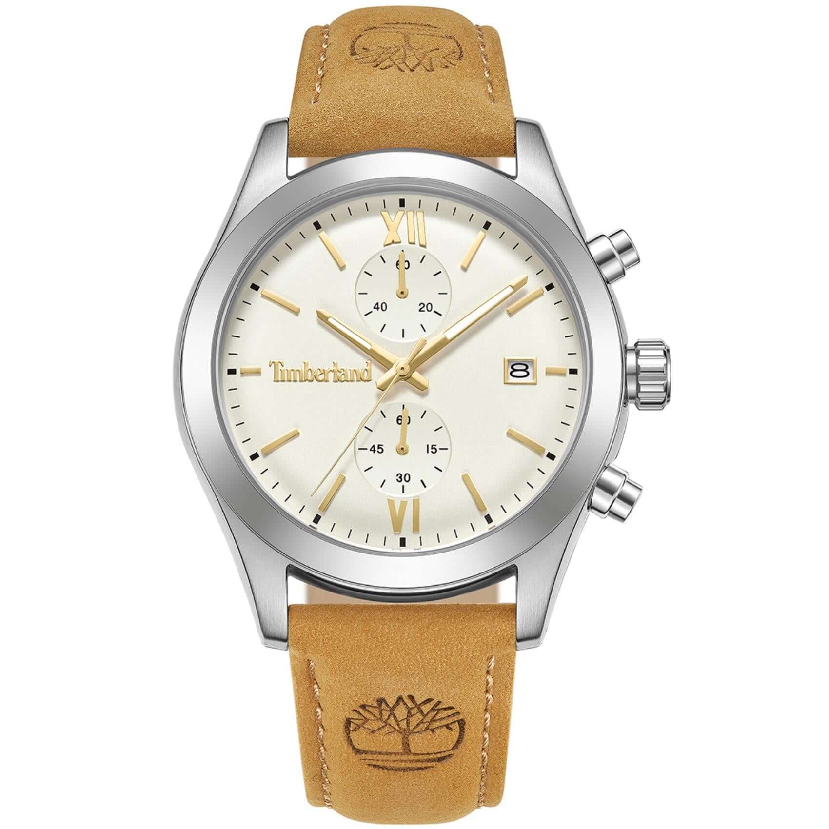 Ανδρικό ρολόι Timberland Ripgorge TDWGC0075202 χρονογράφος με ταμπά δερμάτινο λουράκι και λευκό καντράν 44 mm
