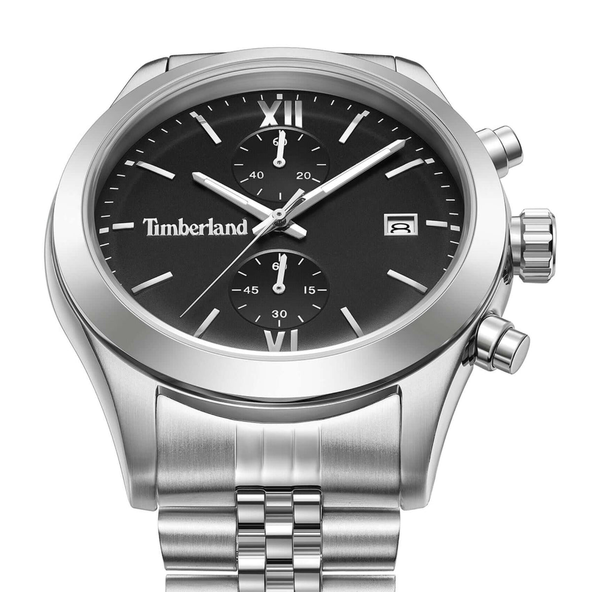 Κοντινό στο μαύρο καντράν του Timberland Ripgorge TDWGI0075204 με λειτουργία χρονογράφου και ημερομηνία.