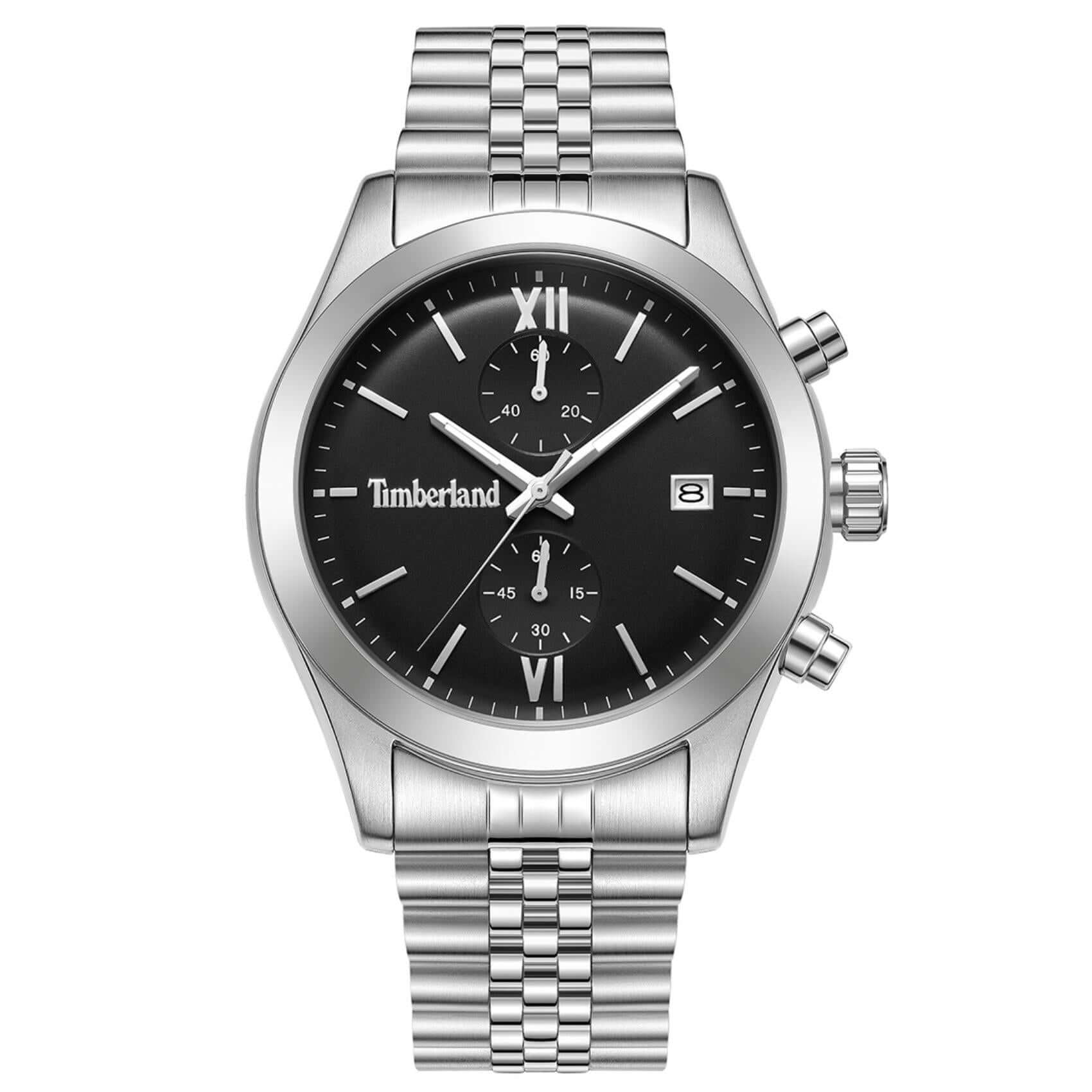 Ανδρικό ρολόι Timberland Ripgorge TDWGI0075204 χρονογράφος με ασημί μπρασελέ και μαύρο καντράν 44 mm.