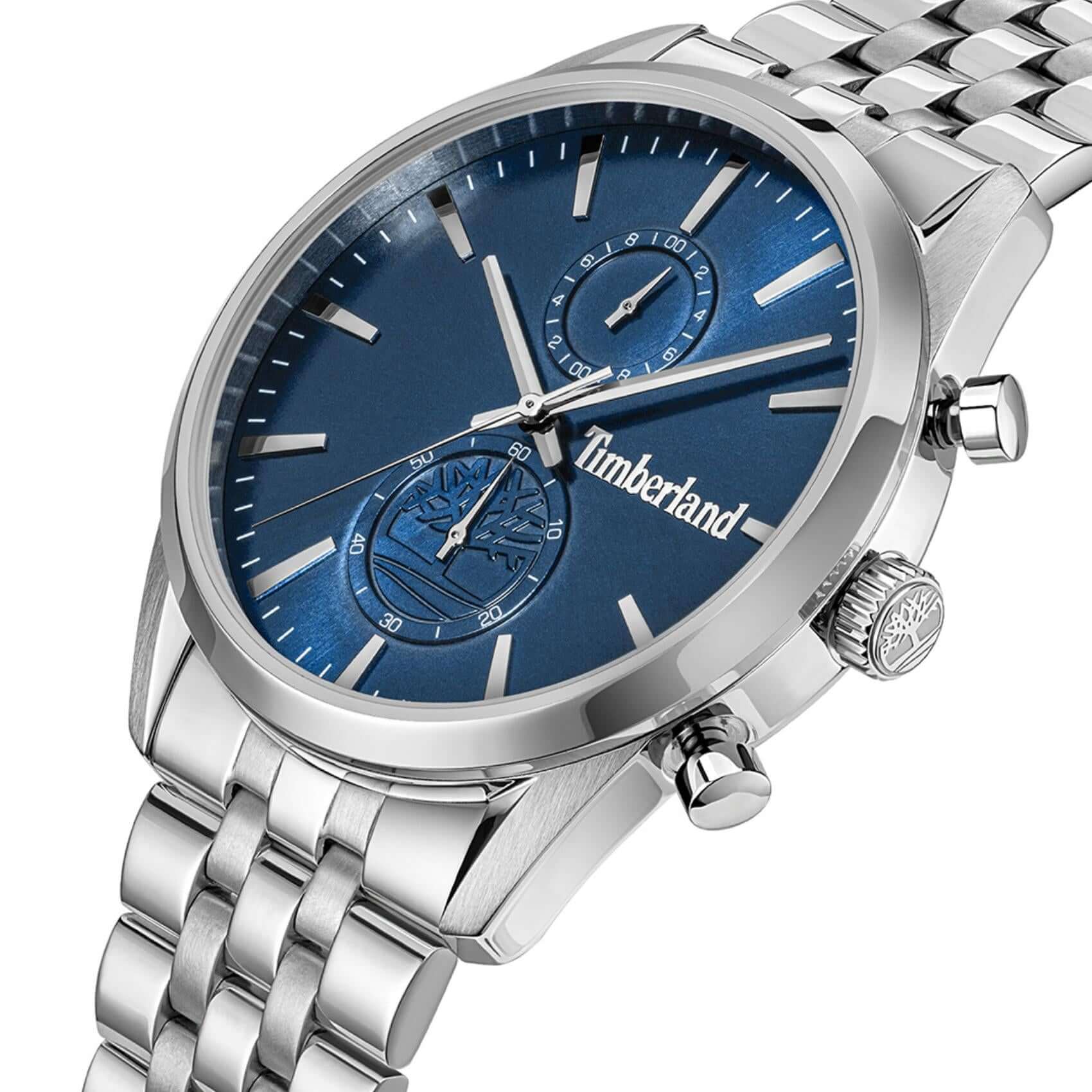 Πλάγια όψη του Timberland Sheepscot TDWGI0068701 με ασημί μπρασελέ και μπλε καντράν.