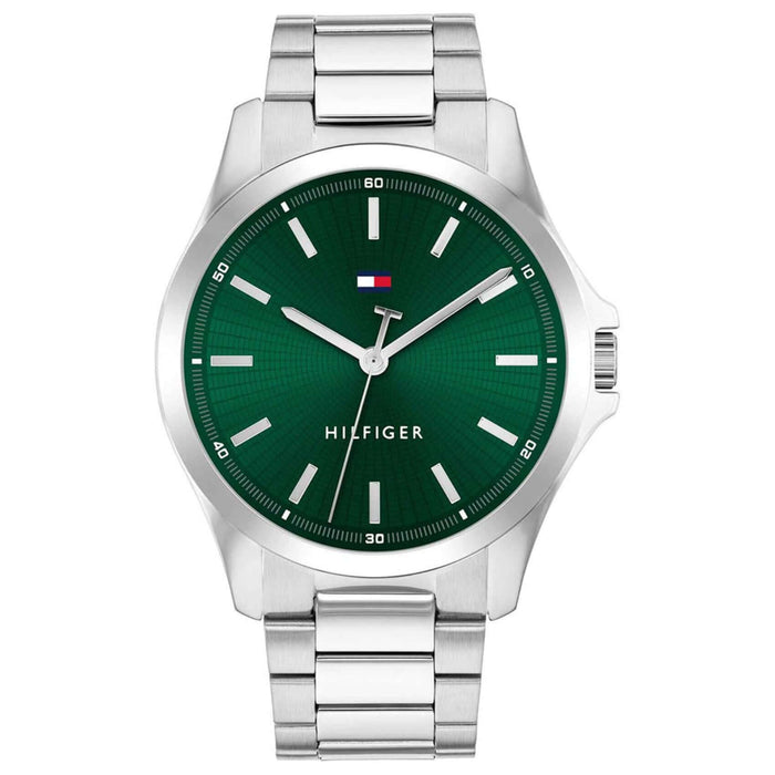 Ανδρικό ρολόι Tommy Hilfiger 1710672 με ασημί ατσάλινο μπρασελέ και πράσινο καντράν διαμέτρου 43mm.