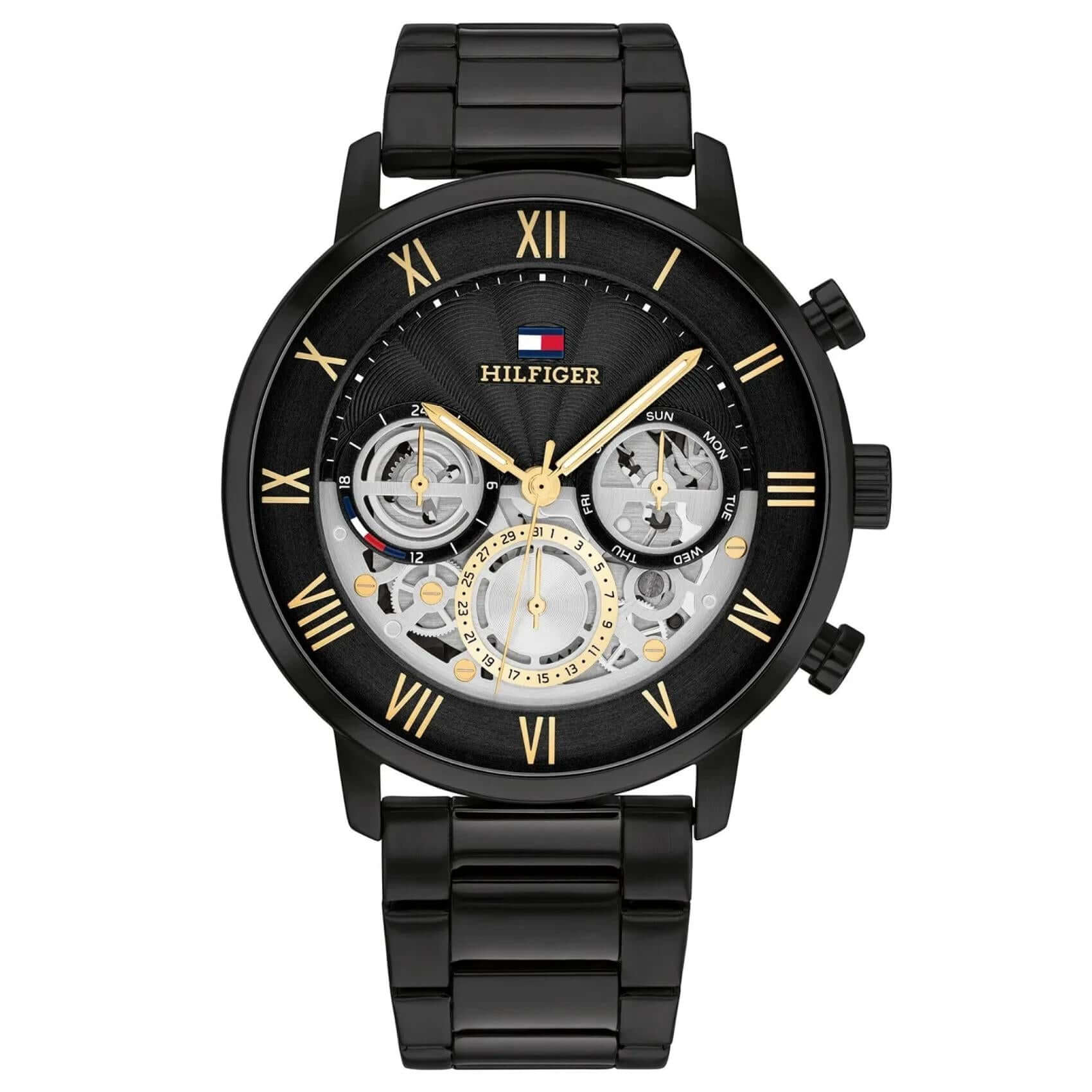 Ανδρικό ρολόι Tommy Hilfiger Legend 1710706 με μαύρο ατσάλινο μπρασελέ, μαύρο καντράν 44mm και skeleton quartz μηχανισμό με ένδειξη ημέρας και ημερομηνίας
