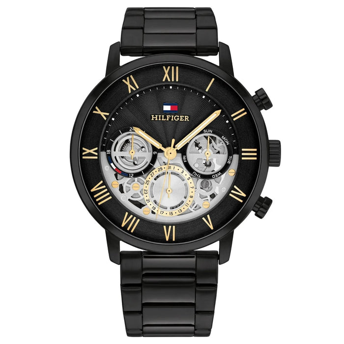 Ανδρικό ρολόι Tommy Hilfiger Legend 1710706 με μαύρο ατσάλινο μπρασελέ, μαύρο καντράν 44mm και skeleton quartz μηχανισμό με ένδειξη ημέρας και ημερομηνίας
