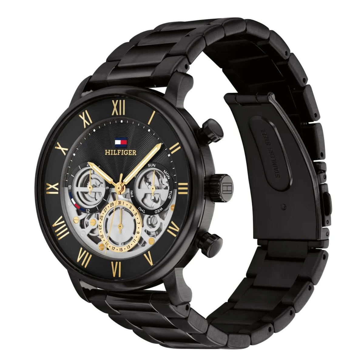 Πλάγια όψη του ανδρικού ρολογιού Tommy Hilfiger Legend 1710706 με μαύρο μπρασελέ και μαύρο καντράν