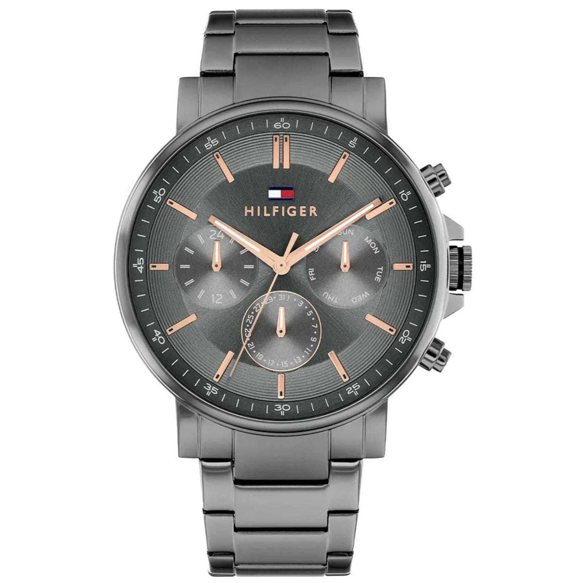 Ανδρικό ρολόι Tommy Hilfiger Tyson 1710711 με ανθρακί ατσάλινο μπρασελέ, ανθρακί καντράν 44mm και quartz μηχανισμό με ένδειξη ημέρας, ημερομηνίας και διπλής ώρας.