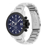 Κοντινό στο μπλε καντράν του ανδρικού χρονογράφου Tommy Hilfiger Jameson 1792198 με υποκαντράν και ενδείξεις ημερομηνίας και διπλής ώρας