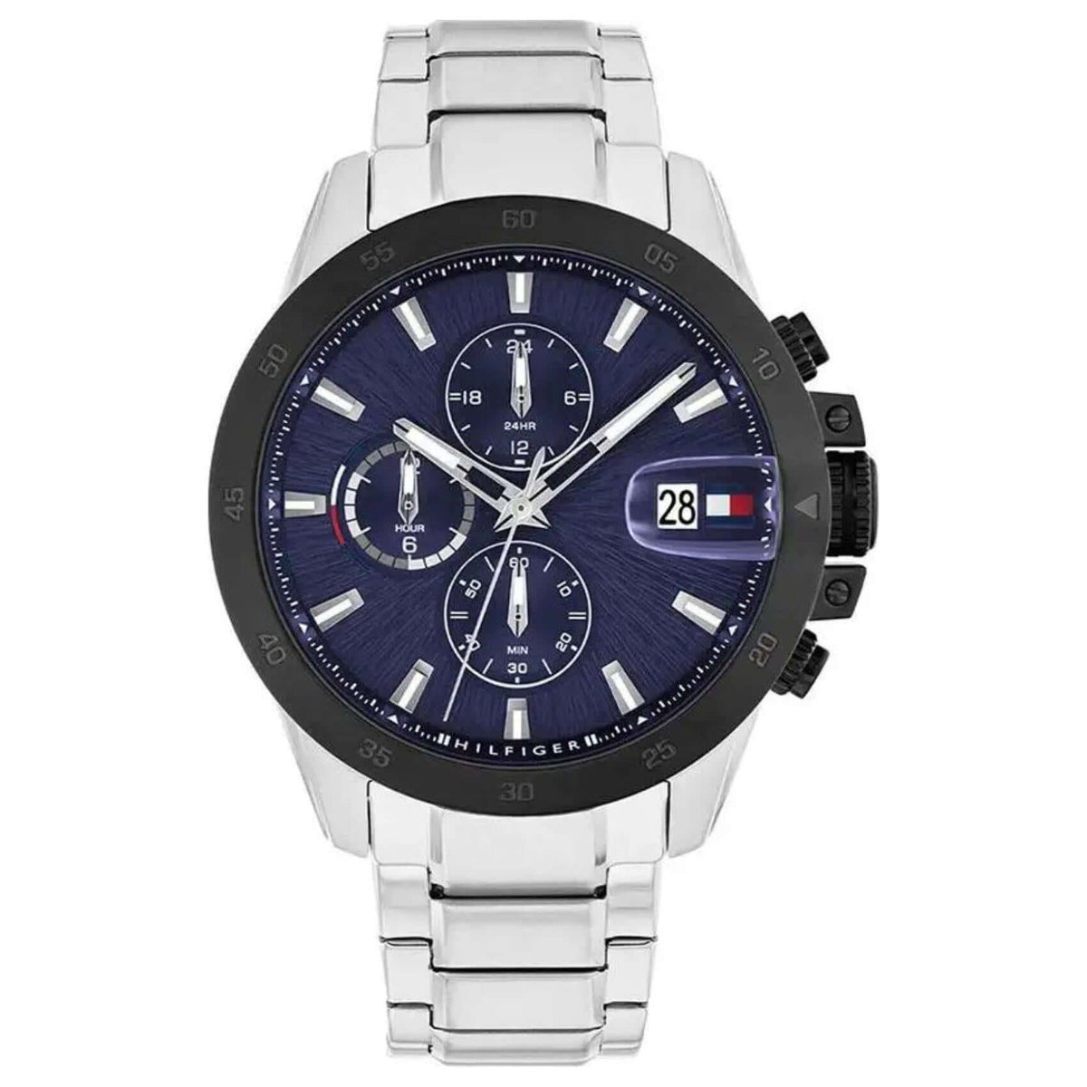 Ανδρικό ρολόι Tommy Hilfiger Jameson 1792198 χρονογράφος με ασημί ατσάλινο μπρασελέ, μπλε καντράν 43mm και quartz μηχανισμό με ημερομηνία και διπλή ώρα