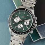 Φωτογραφία του ανδρικού ρολογιού Tommy Hilfiger Clark 1792211 χρονογράφος με πράσινο καντράν και ασημί μπρασελέ.