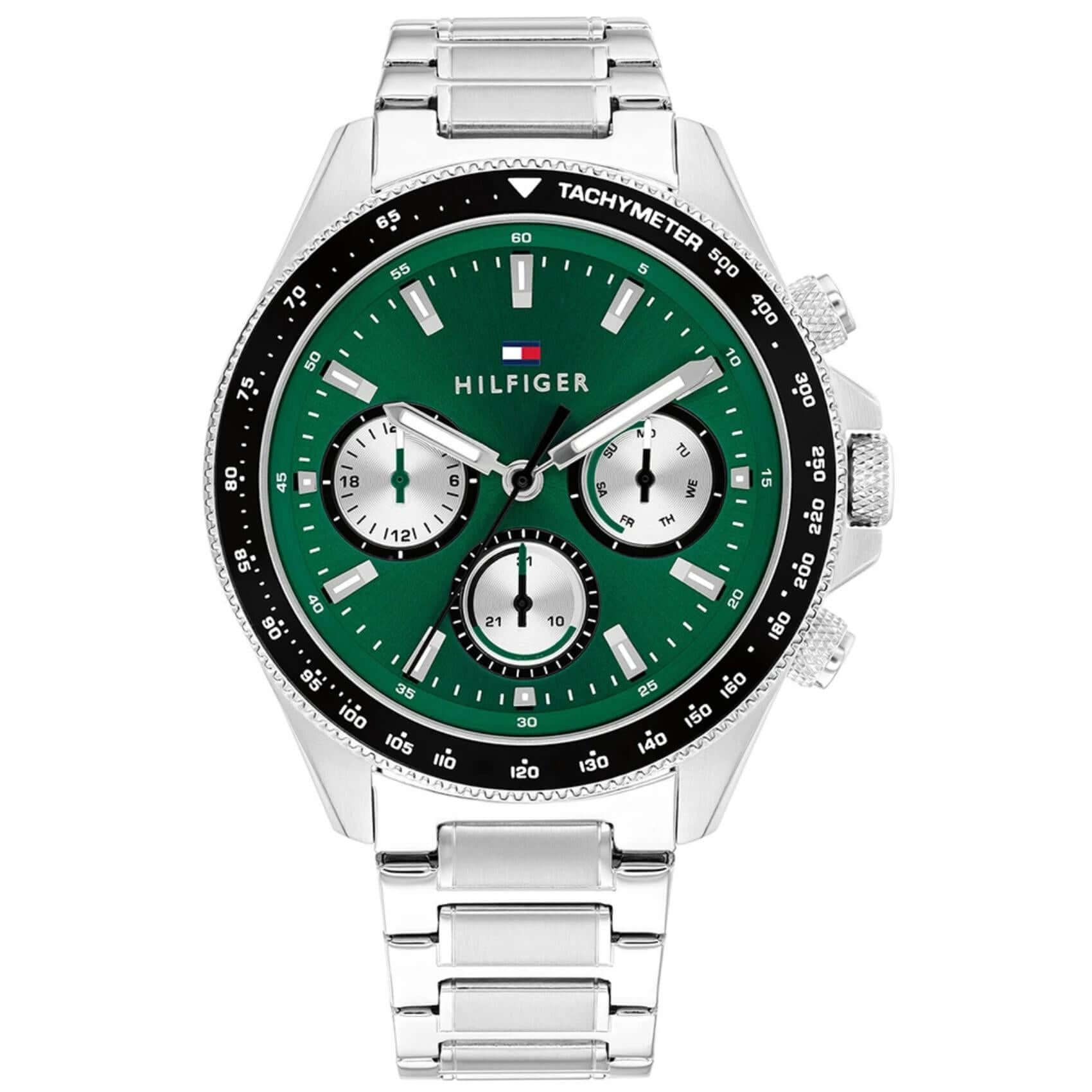 Ανδρικό ρολόι Tommy Hilfiger Clark 1792211 χρονογράφος με ασημί ατσάλινο μπρασελέ και πράσινο καντράν 44mm, με ενδείξεις ημερομηνίας, ημέρας και διπλής ώρας