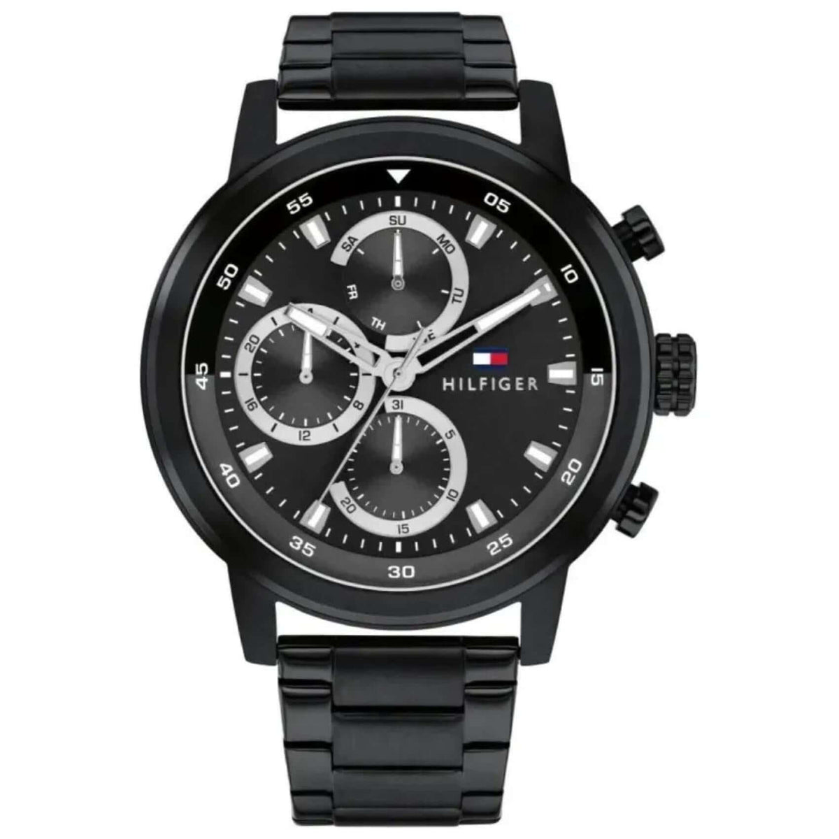 Ανδρικό ρολόι Tommy Hilfiger 1792217 που συνδυάζει μαύρο ατσάλινο μπρασελέ και μαύρο καντράν διαμέτρου 46mm.