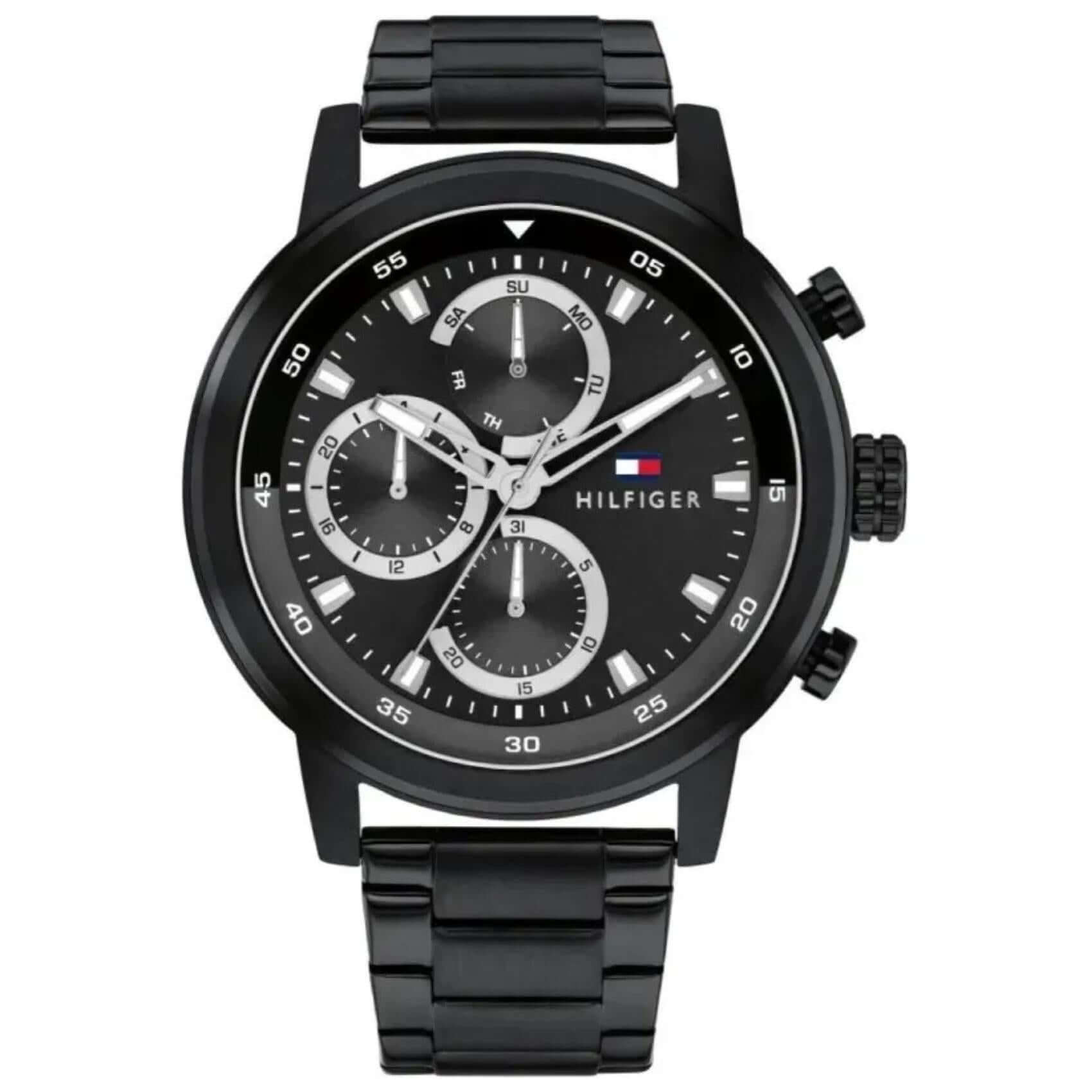 Ανδρικό ρολόι Tommy Hilfiger 1792217 που συνδυάζει μαύρο ατσάλινο μπρασελέ και μαύρο καντράν διαμέτρου 46mm.