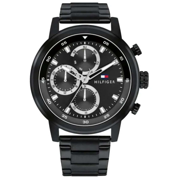 Ανδρικό ρολόι Tommy Hilfiger 1792217 που συνδυάζει μαύρο ατσάλινο μπρασελέ και μαύρο καντράν διαμέτρου 46mm.