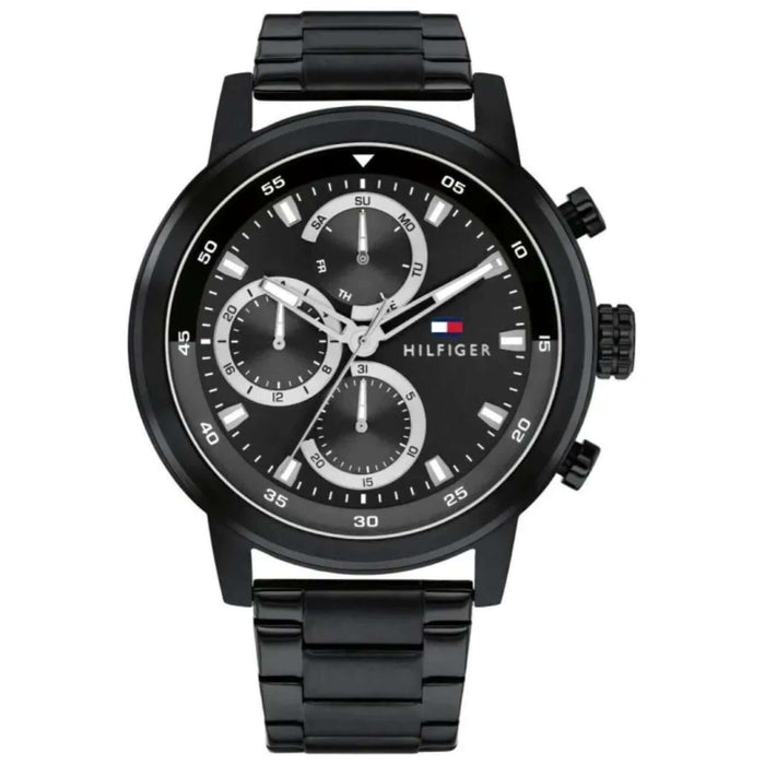 Ανδρικό ρολόι Tommy Hilfiger 1792217 που συνδυάζει μαύρο ατσάλινο μπρασελέ και μαύρο καντράν διαμέτρου 46mm.
