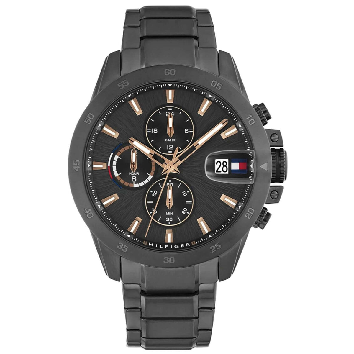 Ανδρικό ρολόι Tommy Hilfiger Jameson 1792218 χρονογράφος με μαύρο ατσάλινο μπρασελέ, μαύρο καντράν 43mm και quartz μηχανισμό με ημερομηνία και διπλή ώρα.