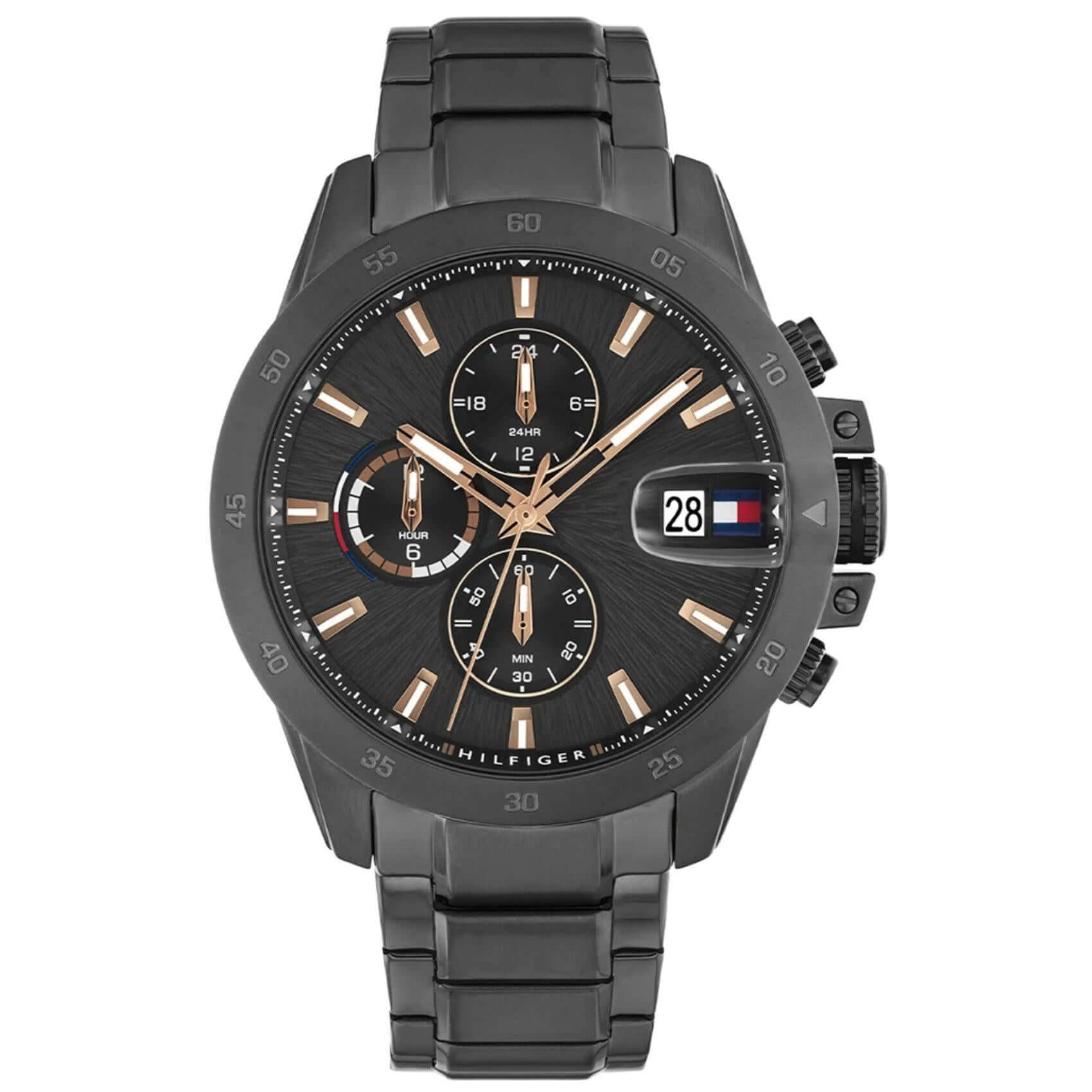 Ανδρικό ρολόι Tommy Hilfiger Jameson 1792218 χρονογράφος με μαύρο ατσάλινο μπρασελέ, μαύρο καντράν 43mm και quartz μηχανισμό με ημερομηνία και διπλή ώρα.