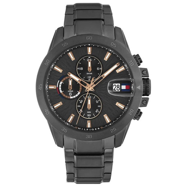 Ανδρικό ρολόι Tommy Hilfiger Jameson 1792218 χρονογράφος με μαύρο ατσάλινο μπρασελέ, μαύρο καντράν 43mm και quartz μηχανισμό με ημερομηνία και διπλή ώρα.