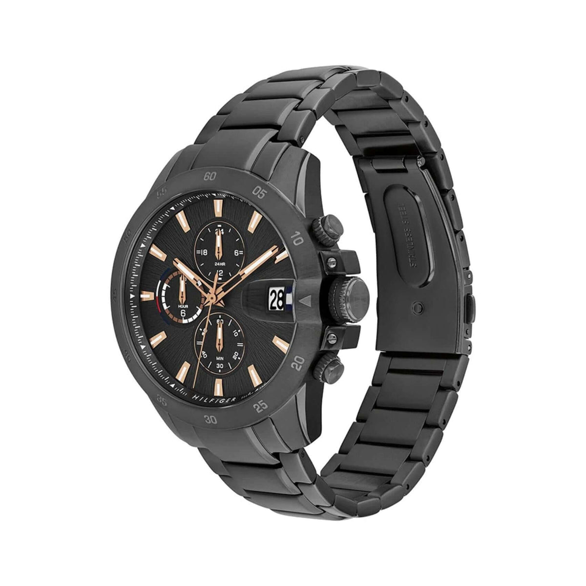 Πλάγια όψη του ανδρικού ρολογιού Tommy Hilfiger Jameson 1792218 με μαύρο μπρασελέ και μαύρο καντράν