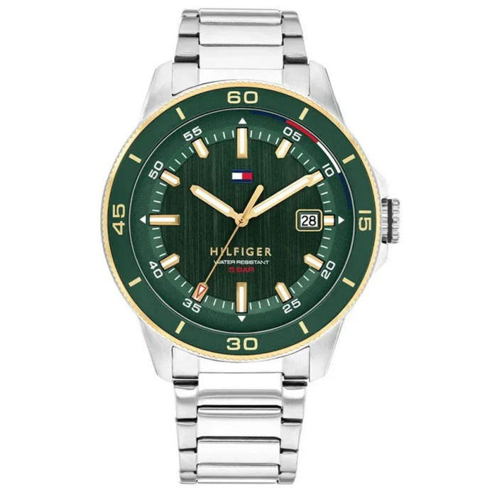 Ανδρικό ρολόι Tommy Hilfiger Remy 1792230 με ασημί ατσάλινο μπρασελέ, πράσινο καντράν 43mm και μηχανισμό quartz με ένδειξη ημερομηνίας.