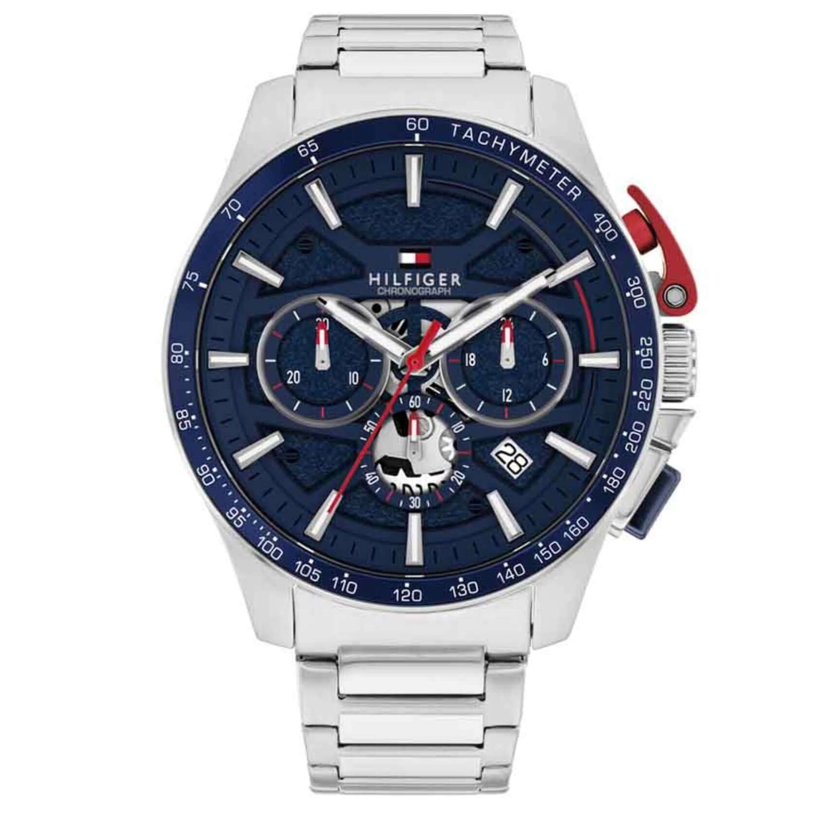 Ανδρικό ρολόι Tommy Hilfiger Bank 1792261 χρονογράφος με ασημί ατσάλινο μπρασελέ, μπλε καντράν με κόκκινες λεπτομέρειες και κάσα 44mm