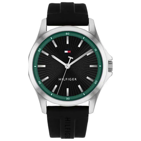 Ανδρικό ρολόι Tommy Hilfiger Bruce 1710739 με μαύρο λουράκι από καουτσούκ και μαύρο καντράν 42mm.