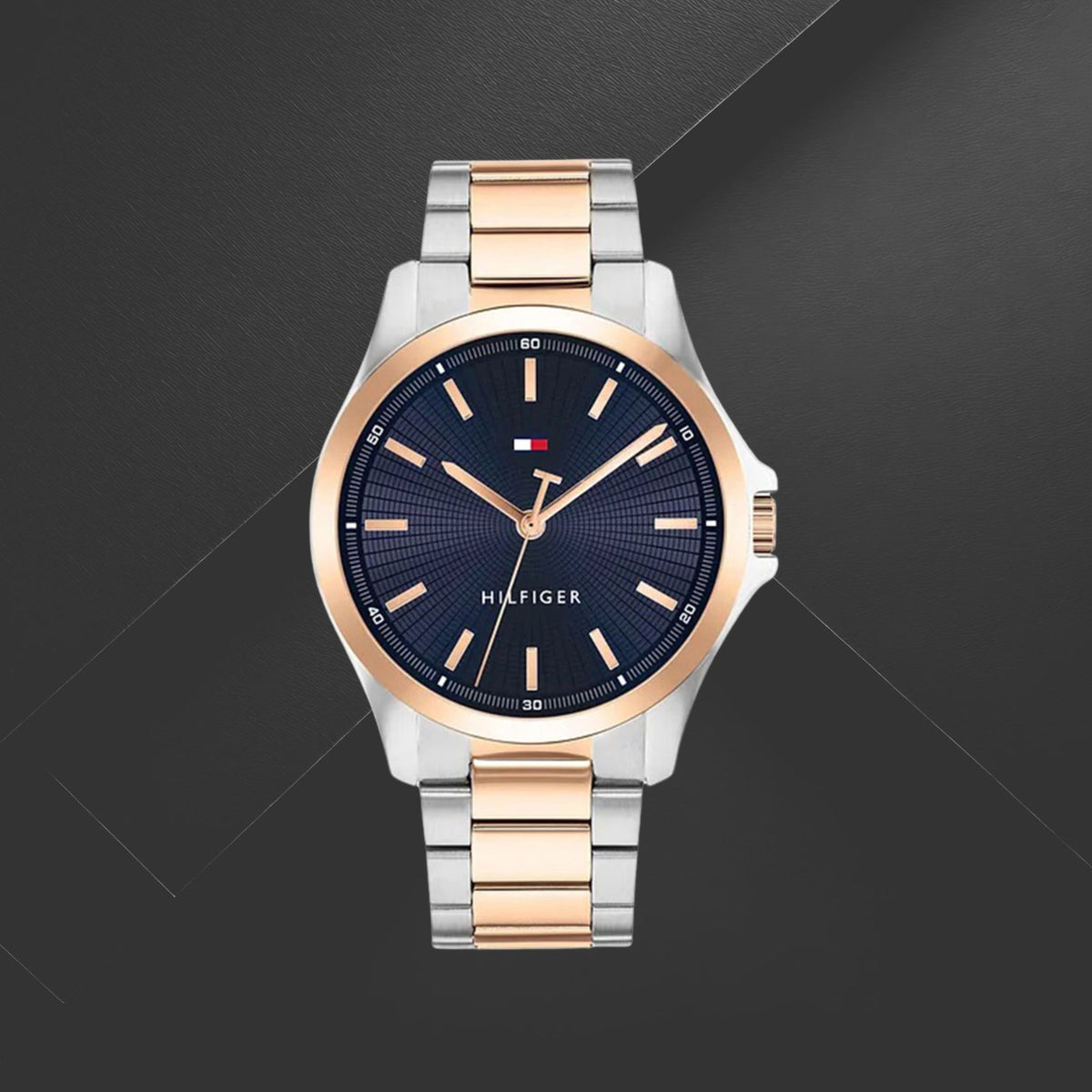 Ανδρικό ρολόι Tommy Hilfiger Bruce 1792193 με ασημί-ροζ χρυσό μπρασελέ, μπλε καντράν 42mm