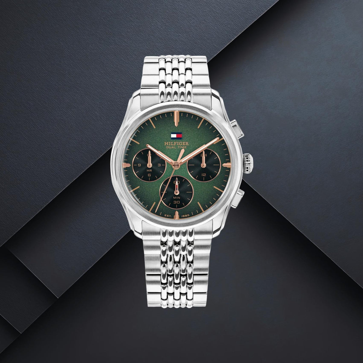 Ανδρικό ρολόι Tommy Hilfiger Empire 1710813 με ασημί μπρασελέ, πράσινο καντράν 38mm, χρονογράφος