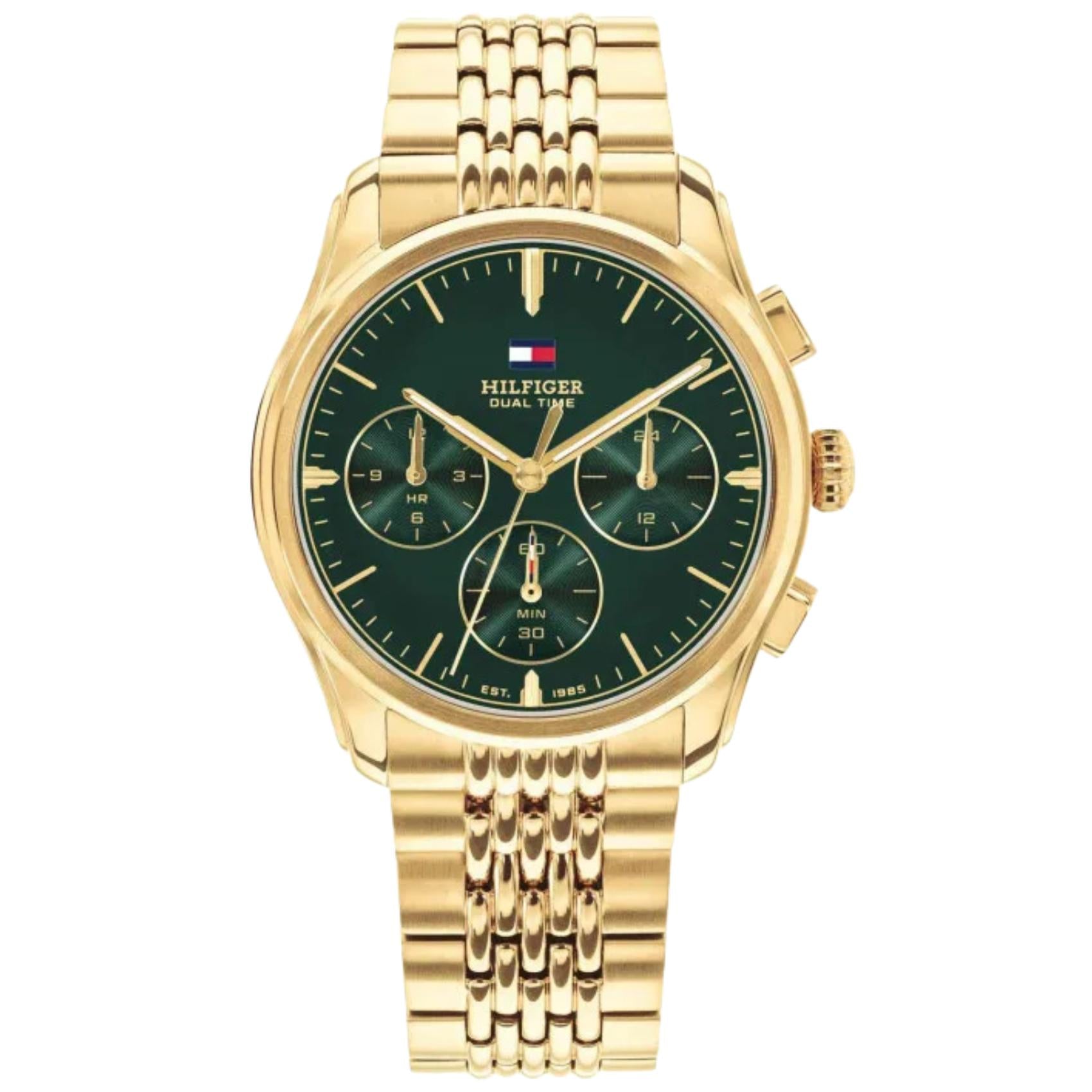 Ανδρικό ρολόι Tommy Hilfiger Empire 1710814 με χρυσό μπρασελέ και πράσινο καντράν