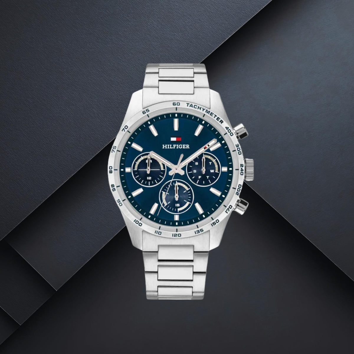 Ανδρικό ρολόι Tommy Hilfiger Hampton 1792278 με ασημί μπρασελέ, μπλε καντράν 42mm, ημερομηνία, χρονογράφος