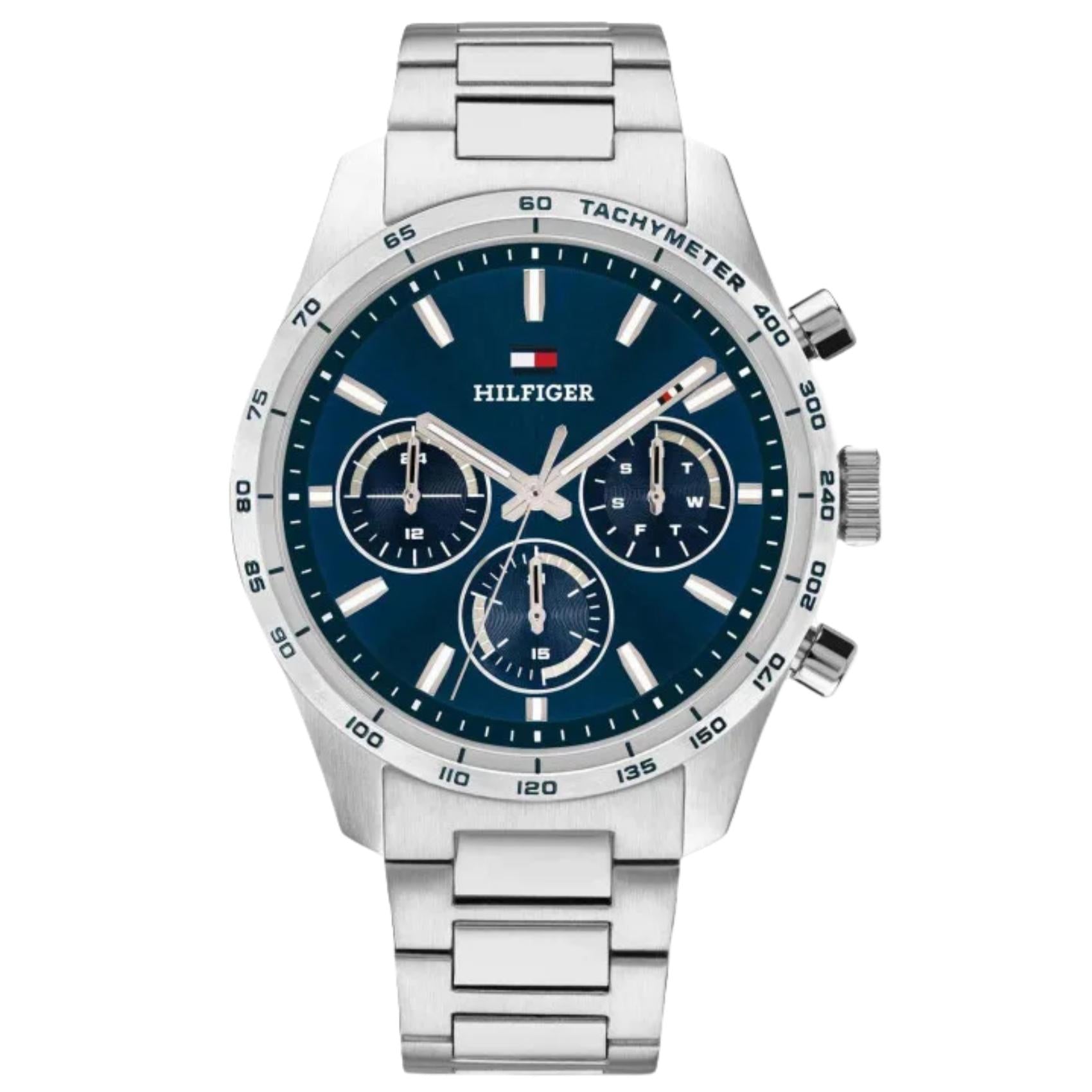 Ανδρικό ρολόι Tommy Hilfiger Hampton 1792278 με ασημί μπρασελέ και μπλε καντράν