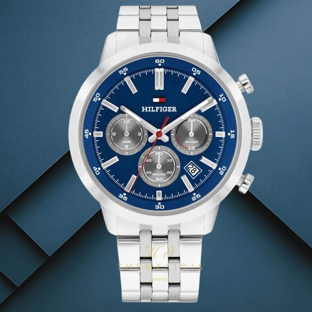Φωτογραφία του ανδρικού ρολογιού Tommy Hilfiger Kent 1710753 χρονογράφος με ασημί ανοξείδωτο μπρασελέ, μπλε καντράν 43mm.