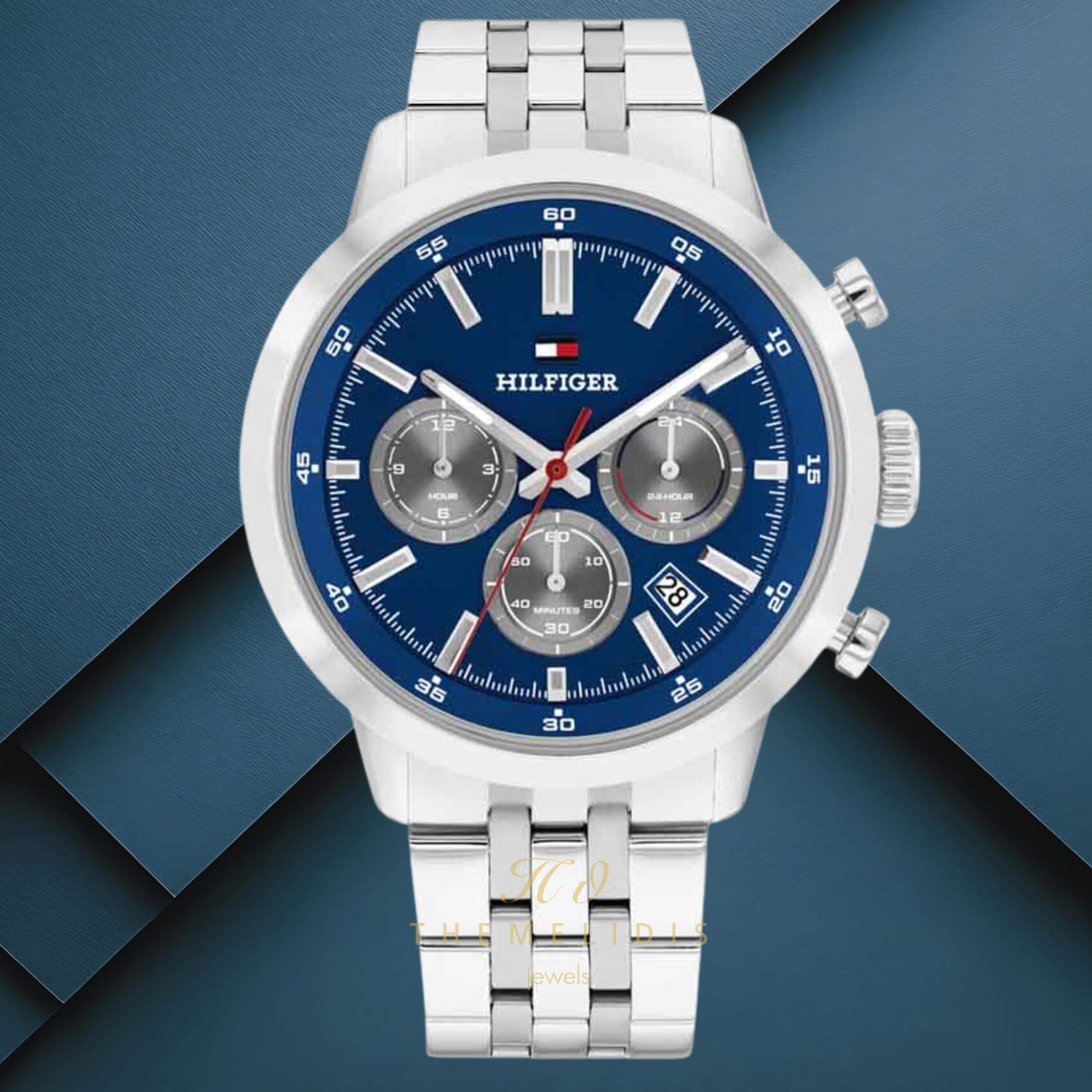 Φωτογραφία του ανδρικού ρολογιού Tommy Hilfiger Kent 1710753 χρονογράφος με ασημί ανοξείδωτο μπρασελέ, μπλε καντράν 43mm.