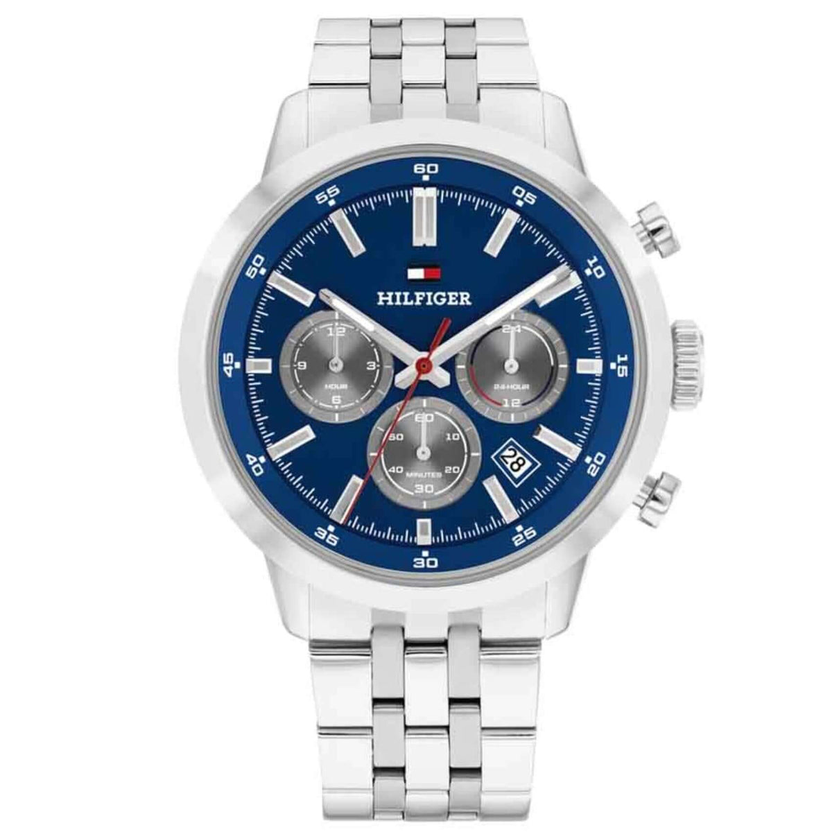 Ανδρικό ρολόι Tommy Hilfiger Kent 1710753 χρονογράφος με ασημί ανοξείδωτο μπρασελέ, μπλε καντράν 43mm.