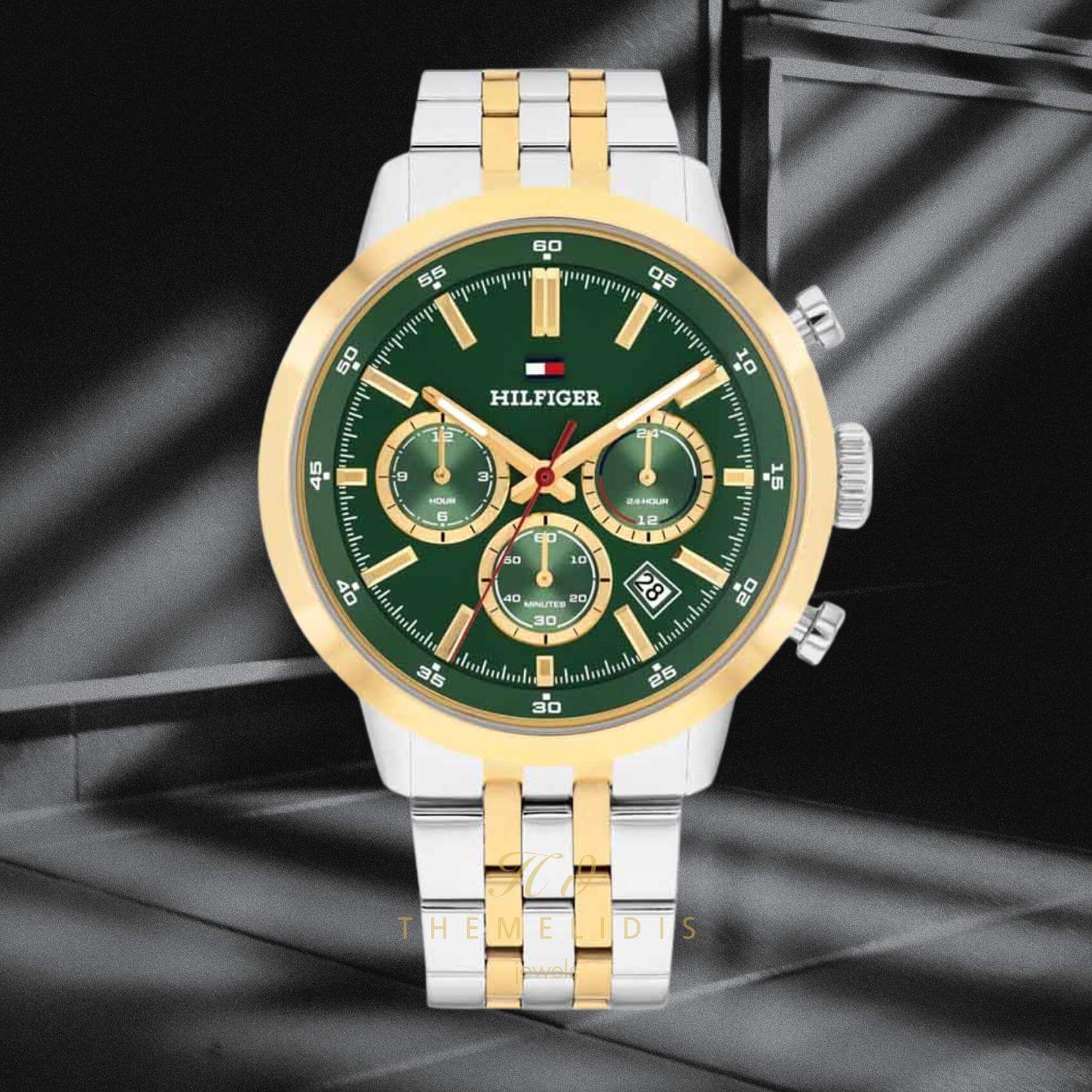Φωτογραφία του ανδρικού ρολογιού Tommy Hilfiger Kent 1710754 με δίχρωμο ασημί-χρυσό ατσάλινο μπρασελέ, πράσινο καντράν 43mm.