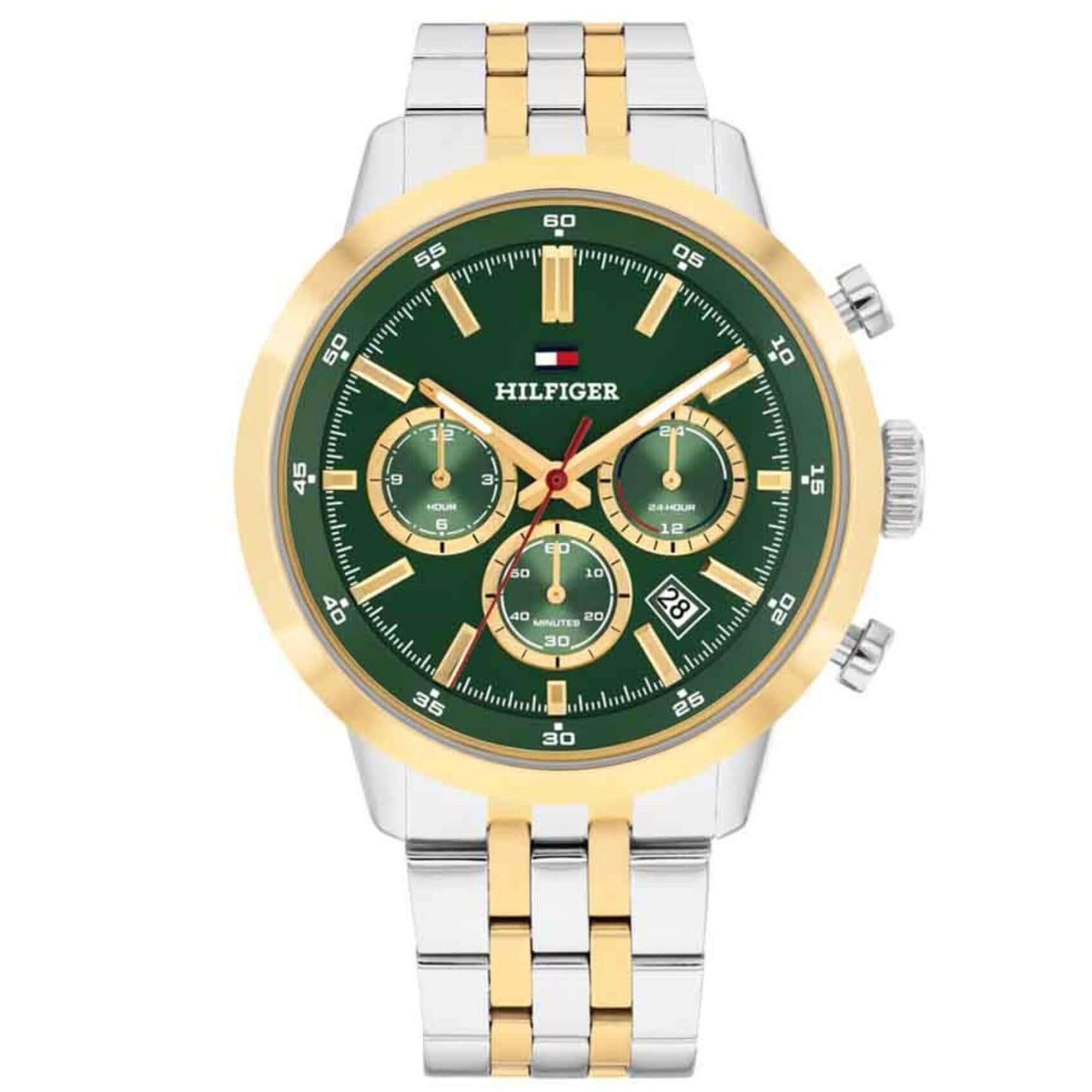 Ανδρικό ρολόι Tommy Hilfiger Kent 1710754 με δίχρωμο ασημί-χρυσό ατσάλινο μπρασελέ, πράσινο καντράν 43mm.