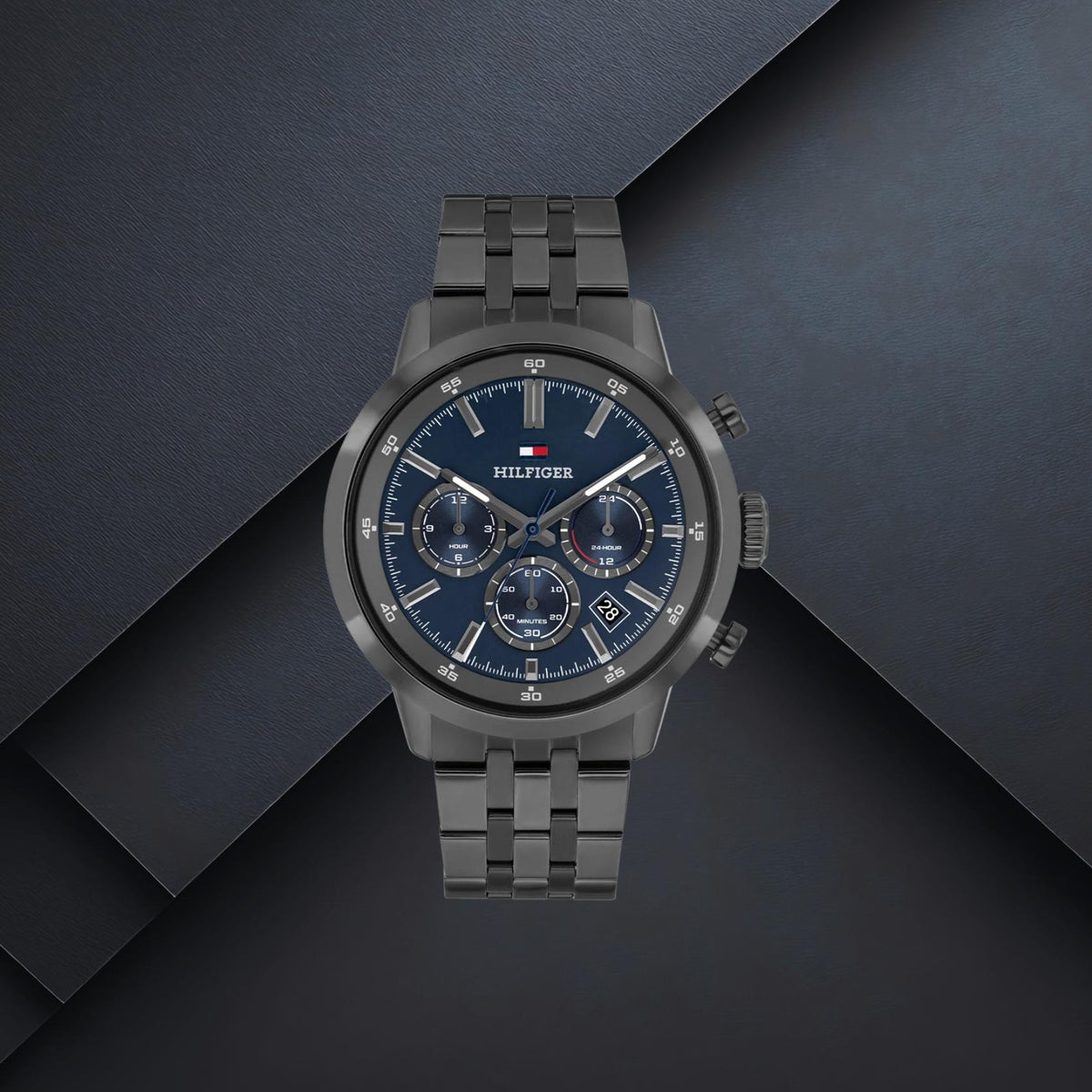 Ανδρικό ρολόι Tommy Hilfiger Kent 1710755 με γκρι μπρασελέ, μπλε καντράν 43mm, χρονογράφος, διπλή ώρα και ημερομηνία