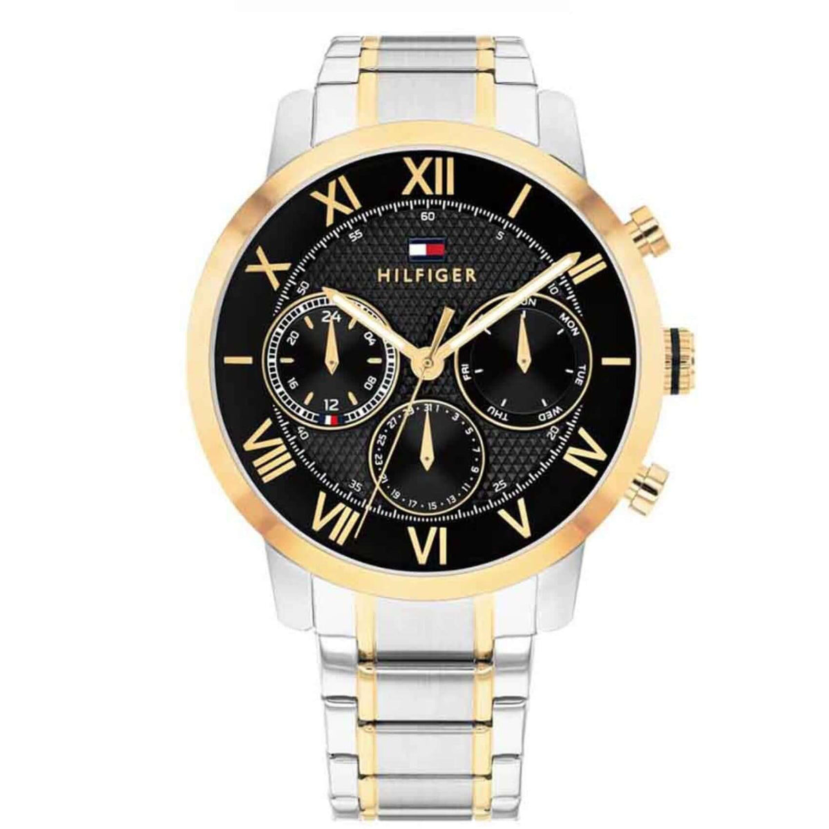 Ανδρικό ρολόι Tommy Hilfiger TH Oxford 1710729 με δίχρωμο ασημί-χρυσό ατσάλινο μπρασελέ, μαύρο καντράν 42mm.