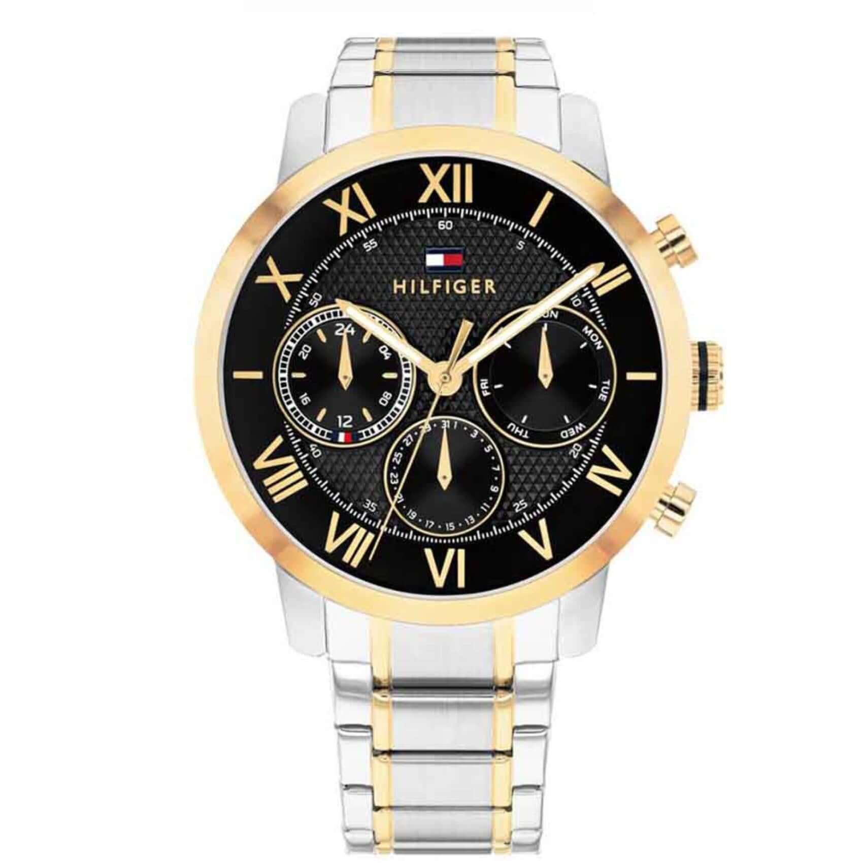 Ανδρικό ρολόι Tommy Hilfiger TH Oxford 1710729 με δίχρωμο ασημί-χρυσό ατσάλινο μπρασελέ, μαύρο καντράν 42mm.