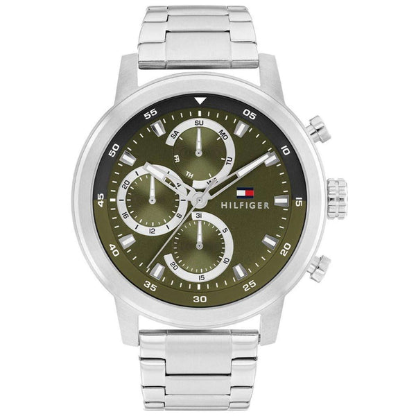 Ανδρικό ρολόι Tommy Hilfiger 1792180 με ασημί ατσάλινο μπρασελέ και πράσινο καντράν διαμέτρου 46mm.